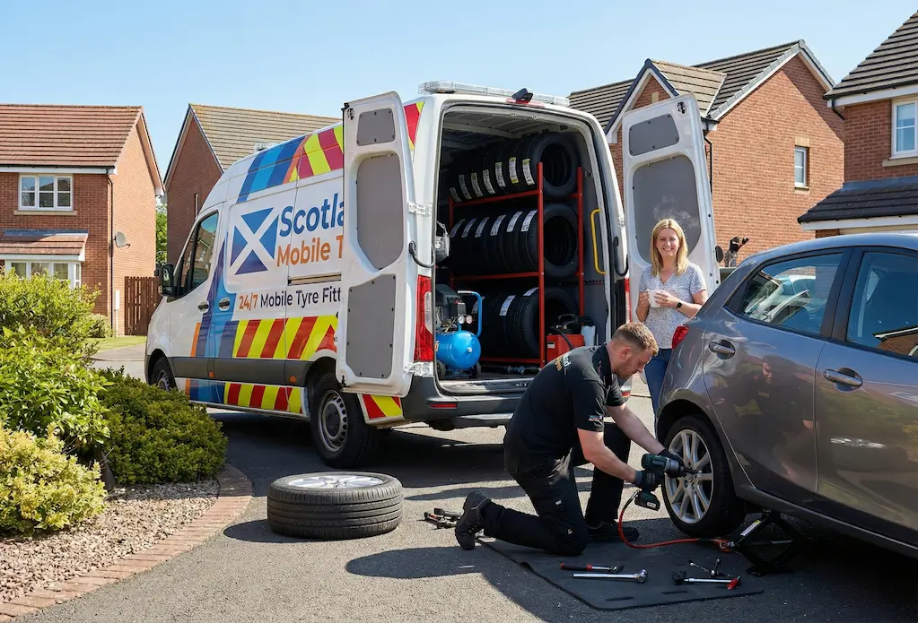 A Scotland Mobile Tyres technician in a black uniform fitting a new tire on a grey hatchback in a sunny residential driveway. A customer stands nearby holding a mug, and the service van's rear doors are open showing equipment and tires.