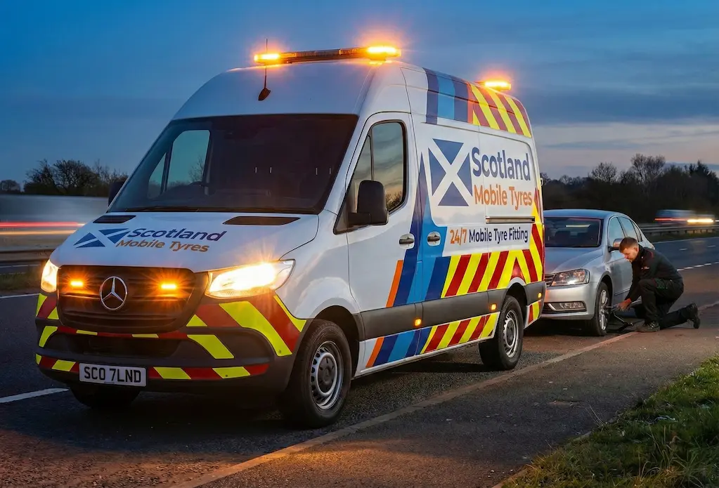 A branded Scotland Mobile Tyres van with illuminated amber warning beacons parked on a road shoulder at dusk while a technician works on a silver car.