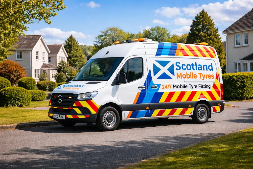Scotland Mobile Tyres van parked on a sunny Scottish residential street, ready for 24/7 mobile tyre fitting.